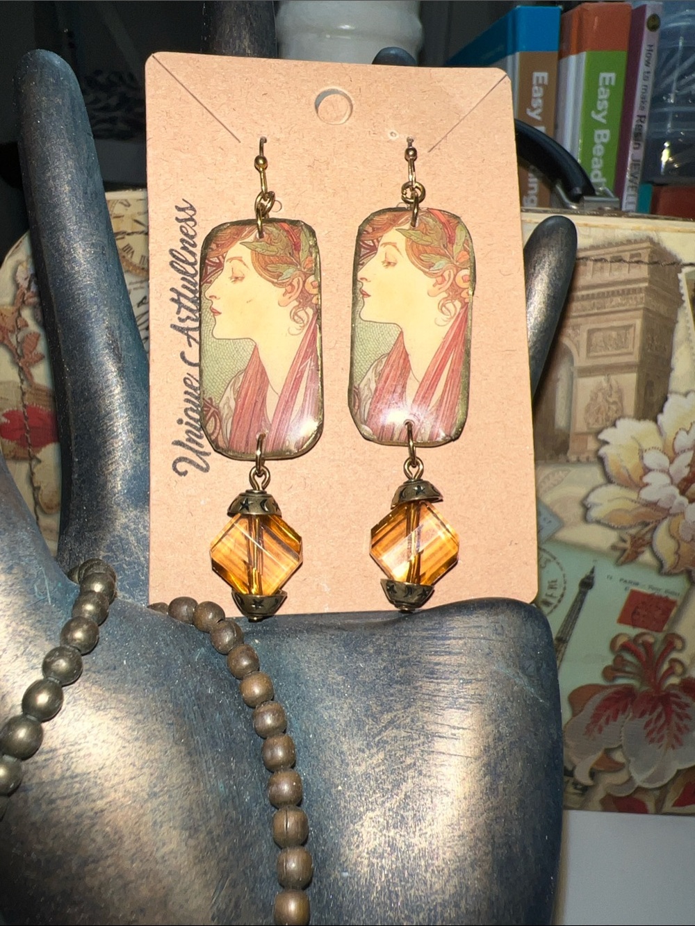 Vintage-Art nouveau Inspired Tuscan color, polymer clay Dangle Earrings.